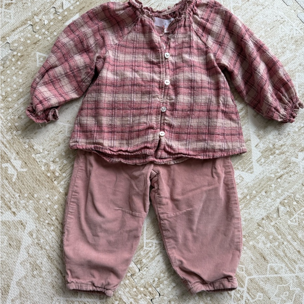 Zara Kids Bundle | Corduroy Pink Trousers + Plaid Pink Shirt, size 2T